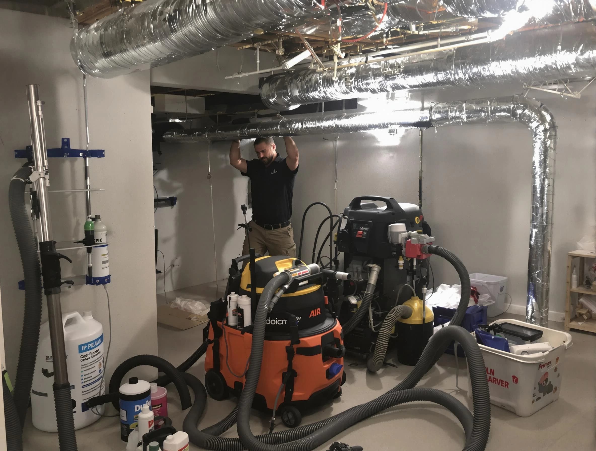 Lochbuie Air Duct Cleaning specialist performing professional mold removal from air ducts using safety equipment in Lochbuie